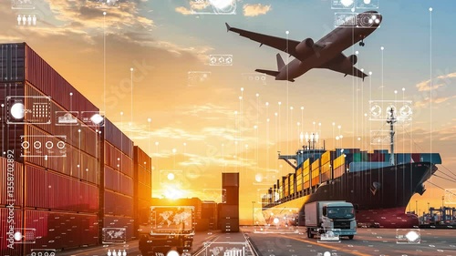 Advanced trade and freight system with air, land, and sea logistics connected through digital interface elements