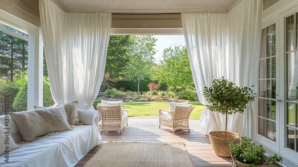 Fototapeta premium Elegant summer porch with white French doors flowing sheer curtains Cape Cod charm cozy outdoor living natural chic modern style. 