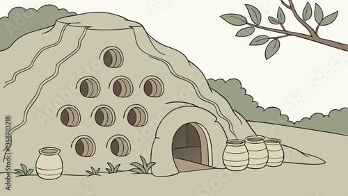A custom-made clay cave that looks like a mountain with 10 holes on the side, each holding a small clay vessel of 20ml with a welcome drink. The cave holes should have identical sizes so that we can p