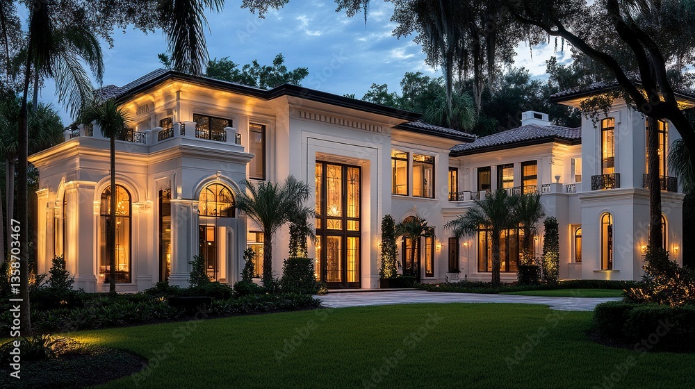 Elegant white luxury home illuminated with warm exterior lighting soft glow highlights large windows and sleek architecture evening ambiance. Elegant white luxury home illuminated with warm exterior lighting soft glow highlights large windows and sleek architecture evening ambiance.