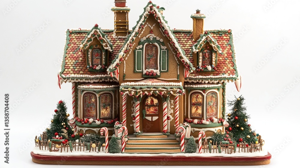 Festive gingerbread house with sugar windows candy canes and gumdrops bright colors clean and sharp on white backdrop frontal view. Festive gingerbread house with sugar windows candy canes and gumdrops bright colors clean and sharp on white backdrop frontal view.