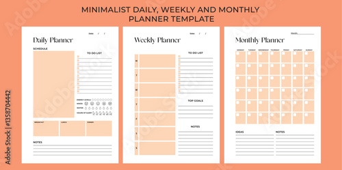 Minimalist planner pages templates. Organizer page, daily, weekly and monthly. Life planners, weekly and days organizers or office schedule list. Aesthetic graphic organization paper vector set