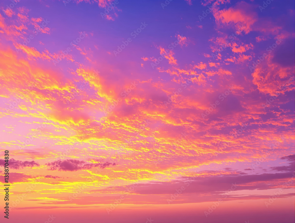 Fototapeta premium Beautiful nature landscape of a colorful sunset sky with vivid orange, pink, and purple clouds, creating a dreamy background. Ai generative