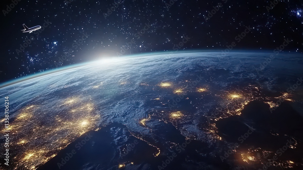 Fototapeta premium Earth view from space, city lights, airplane