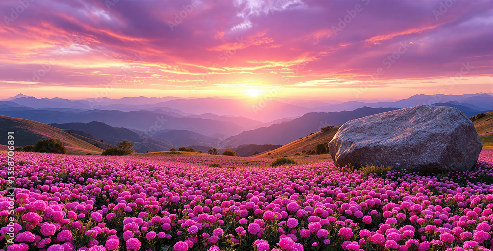 Obraz premium Stunning landscape of a vibrant pink flower field at sunset, with a large rock in the foreground and rolling mountains in the background. Ai generative