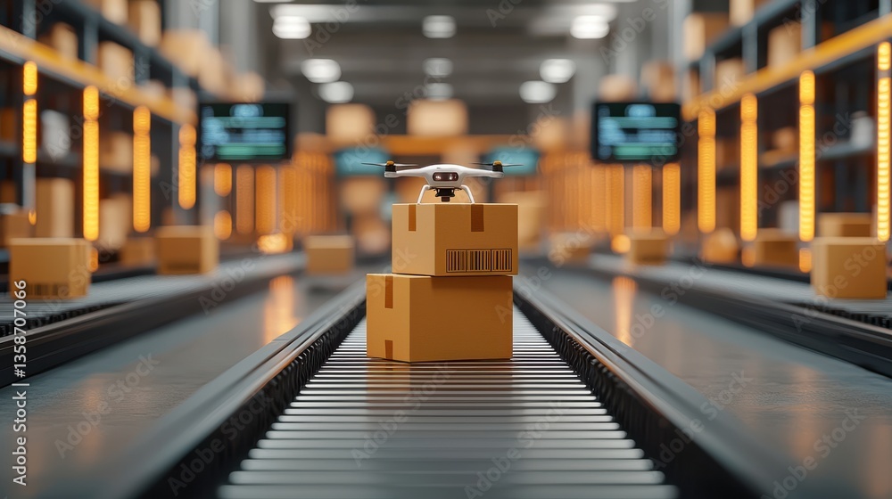 Fototapeta premium Automated warehouse conveyor belt system with stacked cardboard boxes and parcels moving through the industrial facility for efficient logistics delivery and supply chain