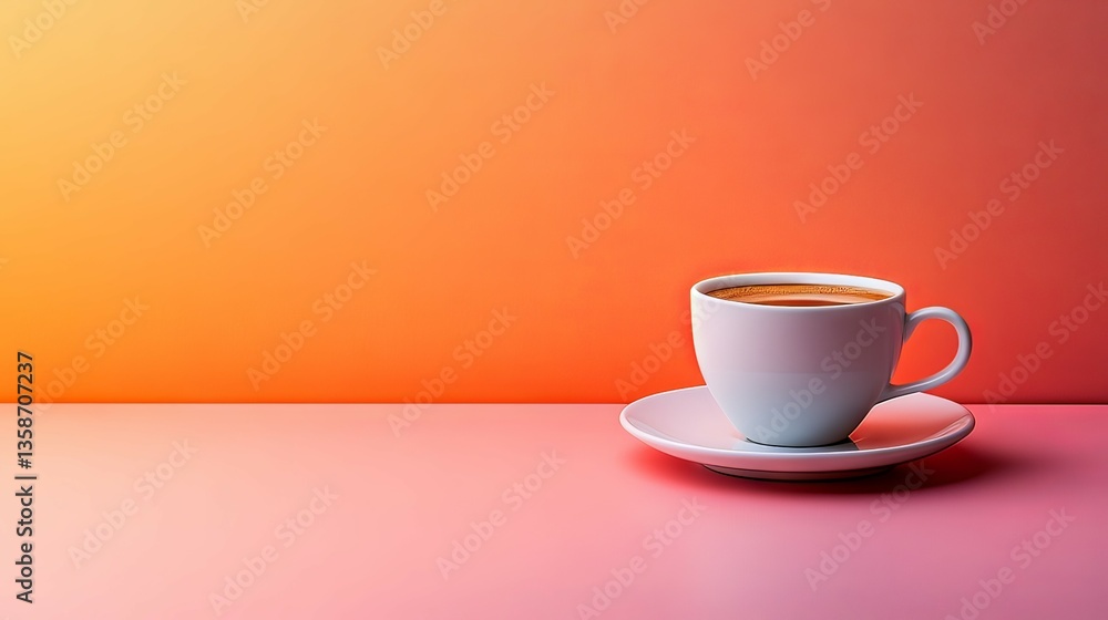 Aromatic Coffee Break: A Single Cup of Coffee on a Pink Surface Against a Warm-Colored Background Aromatic Coffee Break: A Single Cup of Coffee on a Pink Surface Against a Warm-Colored Background