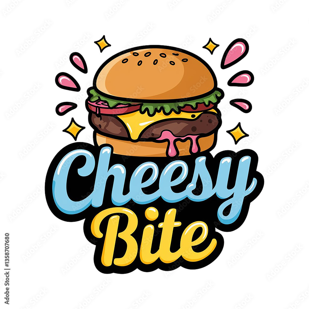 Cartoon Burger with Cheesy Bite Text Illustration Cartoon Burger with Cheesy Bite Text Illustration