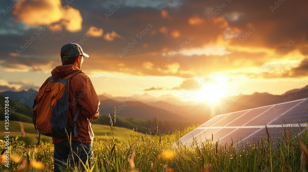 Fototapeta premium Adventurous hiker with backpack standing on a path overlooking a breathtaking sunset landscape with mountains fields and a warm golden sky Serene peaceful and outdoor adventure concept