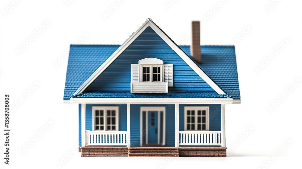Mini blue house with bright white trims neat proportions and clean design real estate concept crisp and modern isolated on white. Mini blue house with bright white trims neat proportions and clean design real estate concept crisp and modern isolated on white.