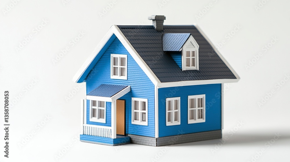 Mini blue house with bright white trims neat proportions and clean design real estate concept crisp and modern isolated on white. Mini blue house with bright white trims neat proportions and clean design real estate concept crisp and modern isolated on white.