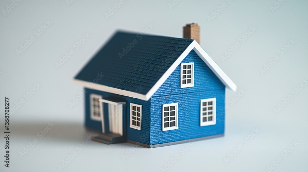 Miniature blue house model with white trims sharp lines clean design isolated on white background representing real estate concept. Miniature blue house model with white trims sharp lines clean design isolated on white background representing real estate concept.