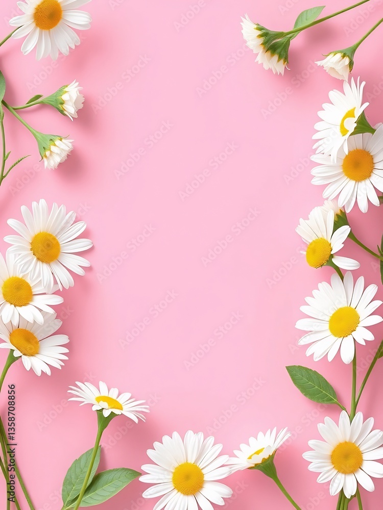 Daisies frame soft pink background gently creating a cheerful spring mood. AI Generated