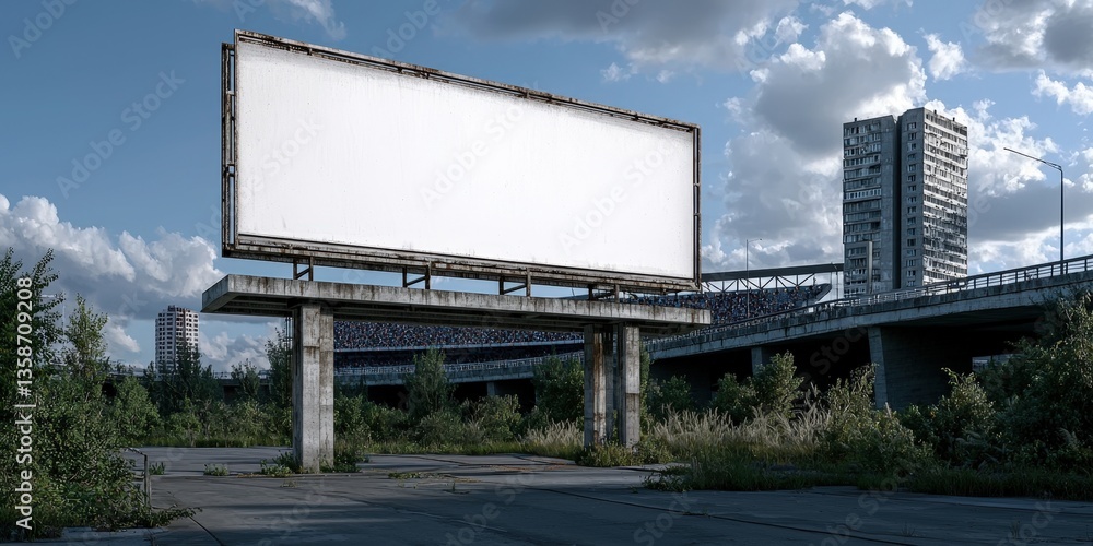 Fototapeta premium Blank outdoor advertising billboard sign on a city street with a blue sky