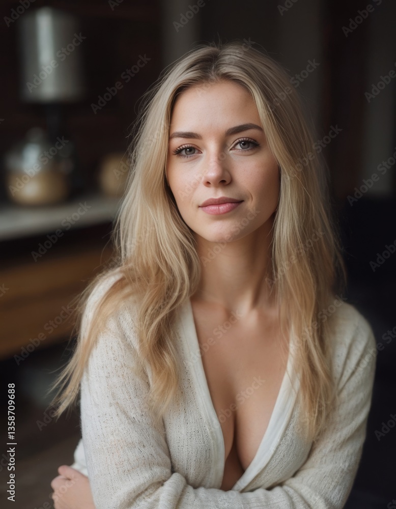 Fototapeta premium A blonde woman with a white sweater and a white shirt is sitting in a room