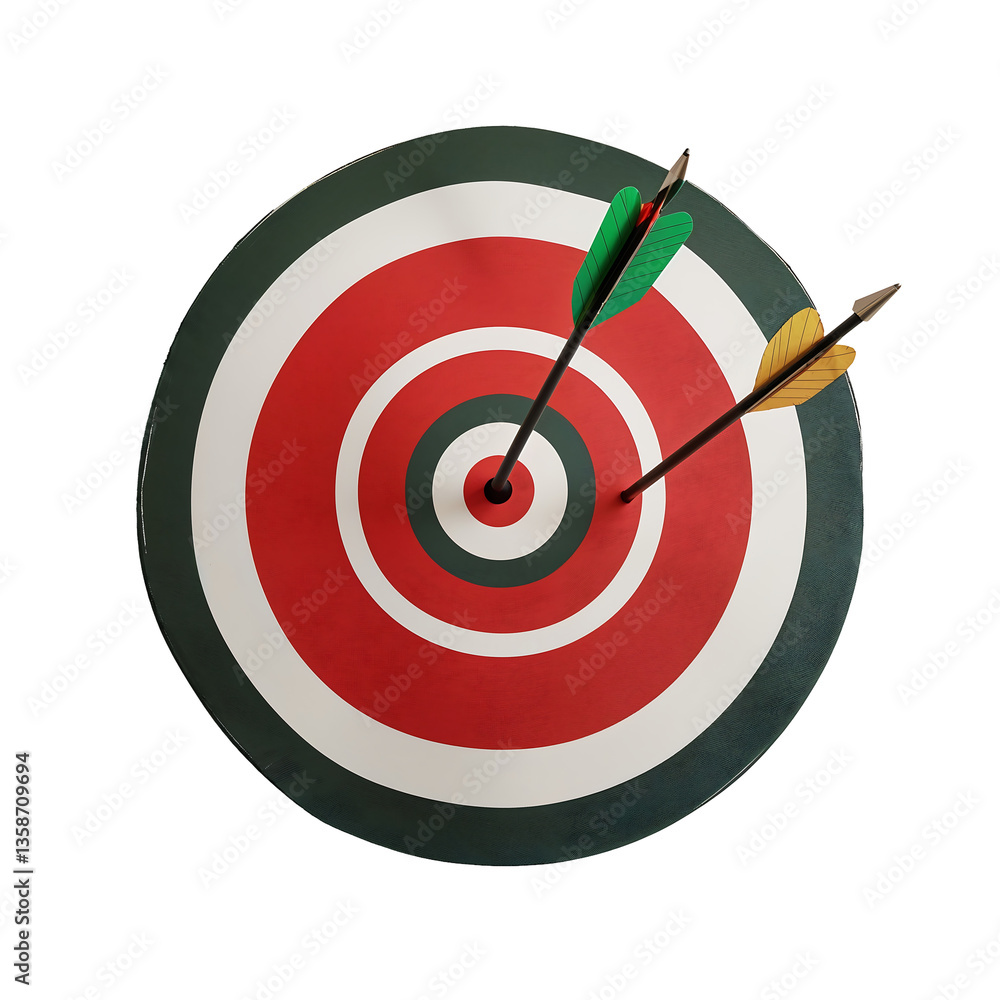 Minimalist red bullseye target with a direct hit, goal achievement and success visualization, clean vector design on PNG background