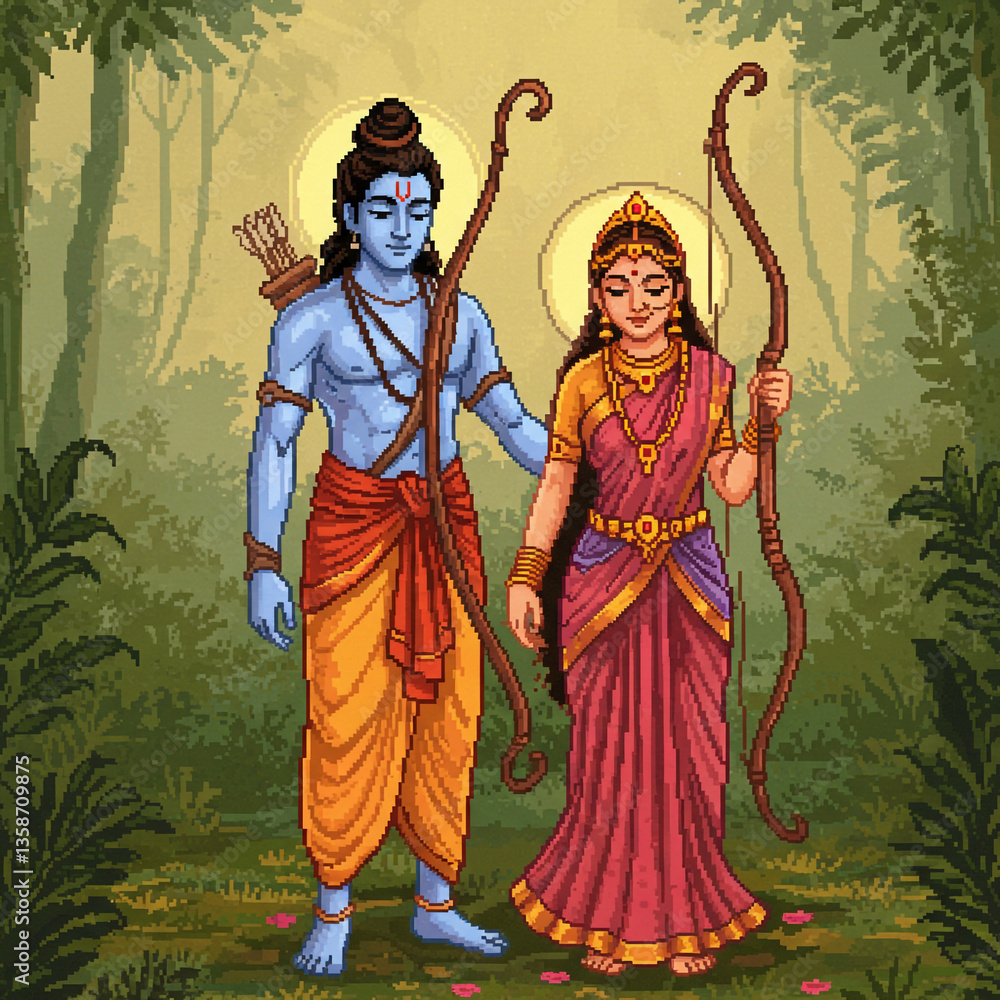 Fototapeta premium Sunlit Serenity: Rama and Sita in a Peaceful Forest Scene