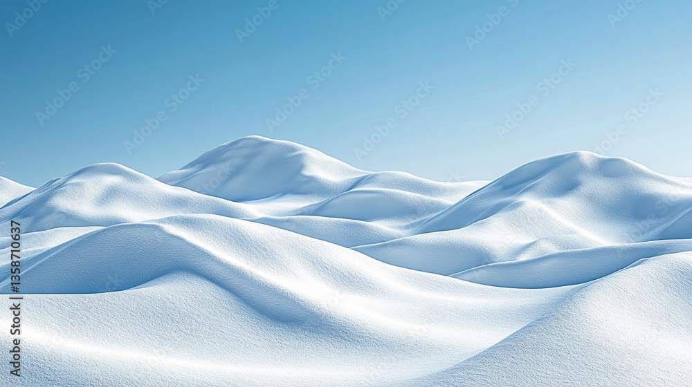 Fototapeta premium A wide-angle shot of serene snowy dunes, capturing the tranquility of a winter landscape. The soft, untouched snow symbolizes peace and solitude, offering a moment of reflection in nature's beauty.