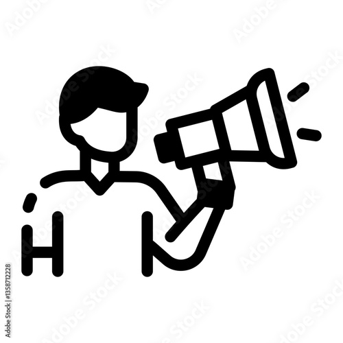 A character making an announcement with a loudspeaker, line icon
