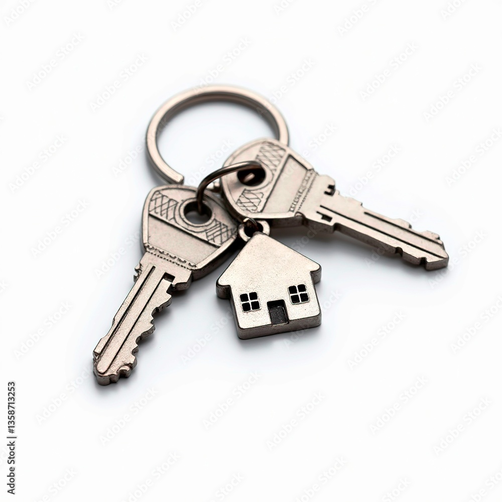 Close-up View of House Keys with Keychain on White Background Close-up View of House Keys with Keychain on White Background