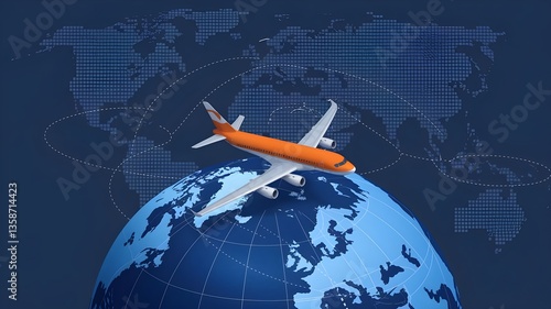 Orange airplane global travel and tourism concept international flights and destinations worldwide network