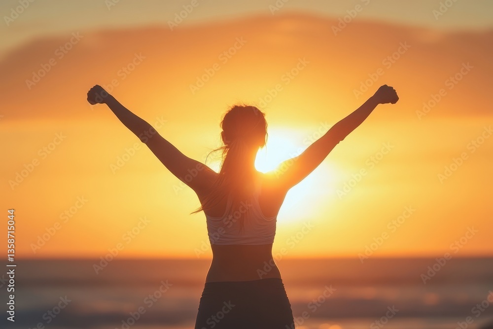 Fototapeta premium Woman with arms raised facing golden sunset silhouette at the beach. It can portray success, freedom, health, wellbeing, and spiritual concept.