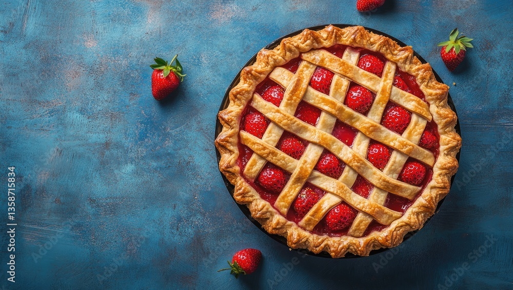 Freshly baked strawberry pie, topped with a lattice crust, sits on a textured blue surface. Juicy red strawberries are visible both atop and surrounding the pie Freshly baked strawberry pie, topped with a lattice crust, sits on a textured blue surface. Juicy red strawberries are visible both atop and surrounding the pie