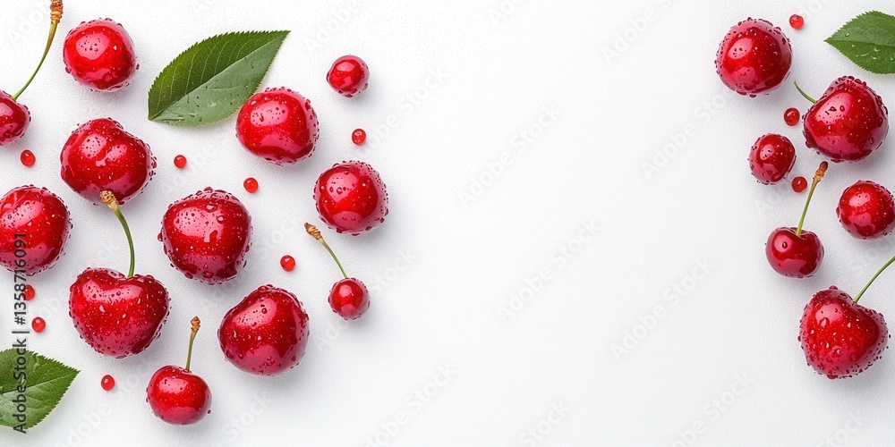 Fresh bright red cherries with green leaves set against a pure white background for a clean and refreshing look Fresh bright red cherries with green leaves set against a pure white background for a clean and refreshing look