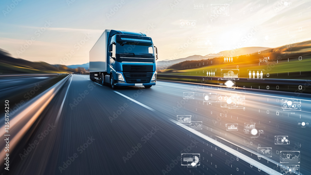 Fototapeta premium Futuristic freight transportation with high-speed truck on smart road