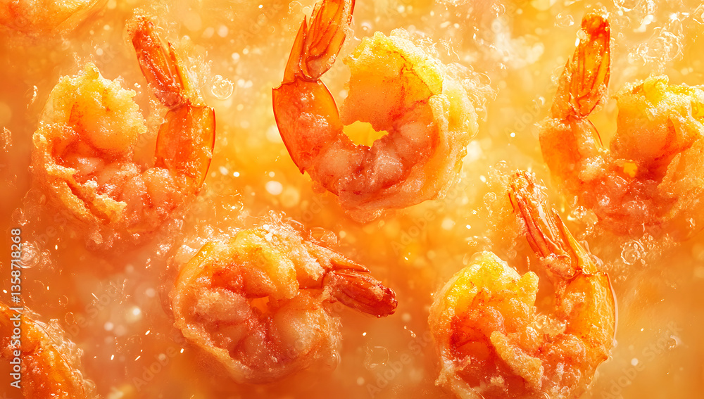 Crispy fried shrimp swimming in bubbling oil. A delicious and tempting image. Food background, Top view. Crispy fried shrimp swimming in bubbling oil. A delicious and tempting image. Food background, Top view.