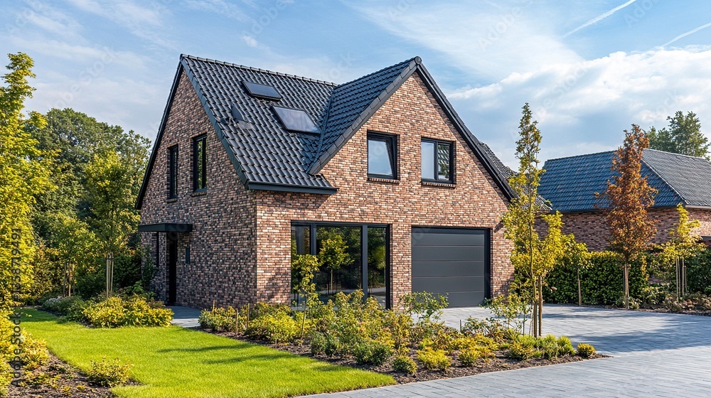 Modern brick home with sleek slate roof and spacious driveway bathed in warm sunlight surrounded by vibrant greenery clear skies above. Modern brick home with sleek slate roof and spacious driveway bathed in warm sunlight surrounded by vibrant greenery clear skies above.