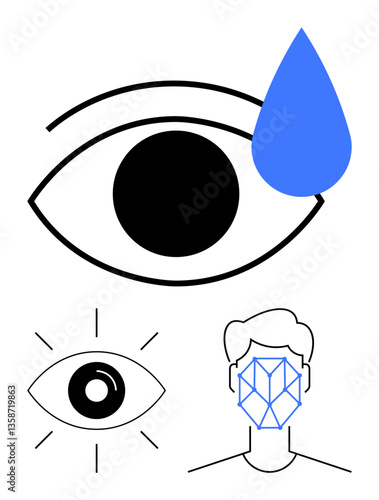 Eye with teardrop, focused eye element, face overlay with geometric structure. Ideal for vision, detection, emotion, eye care, AI human connection digital identity. Flat simple metaphor
