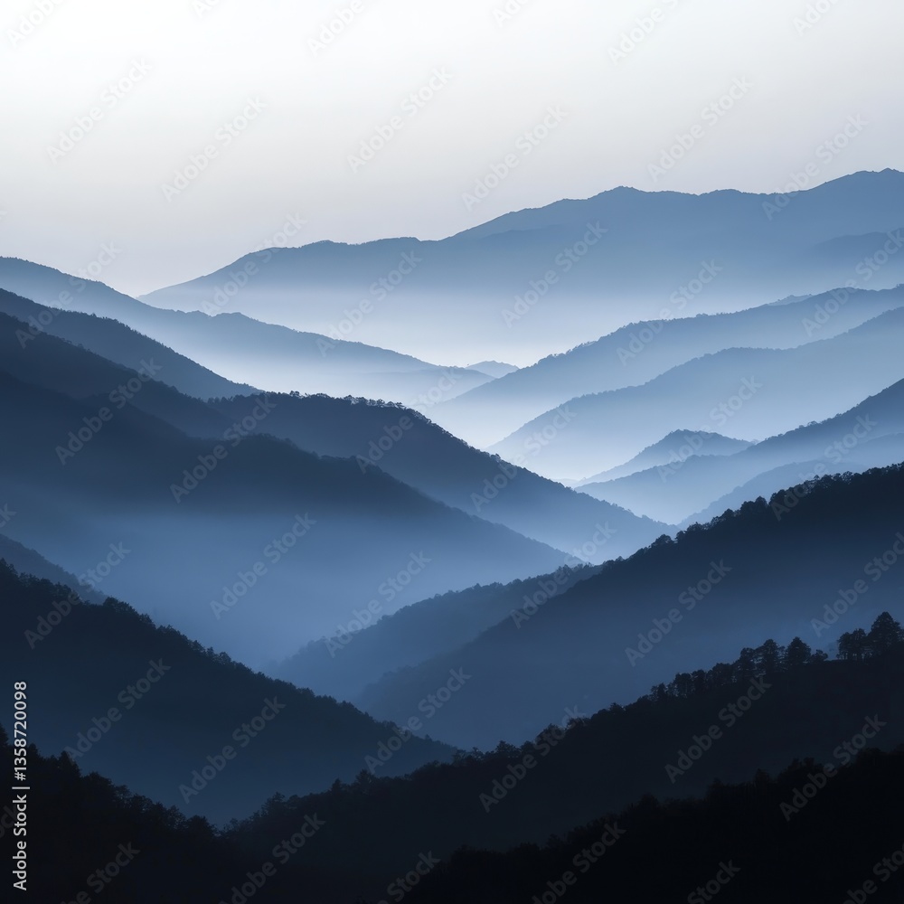 Fototapeta premium Serene Mountain Landscape at Dusk with Layered Blue and Gray Shades Creating a Tranquil Atmosphere for Nature Lovers and Adventurers Seeking Peaceful Retreats