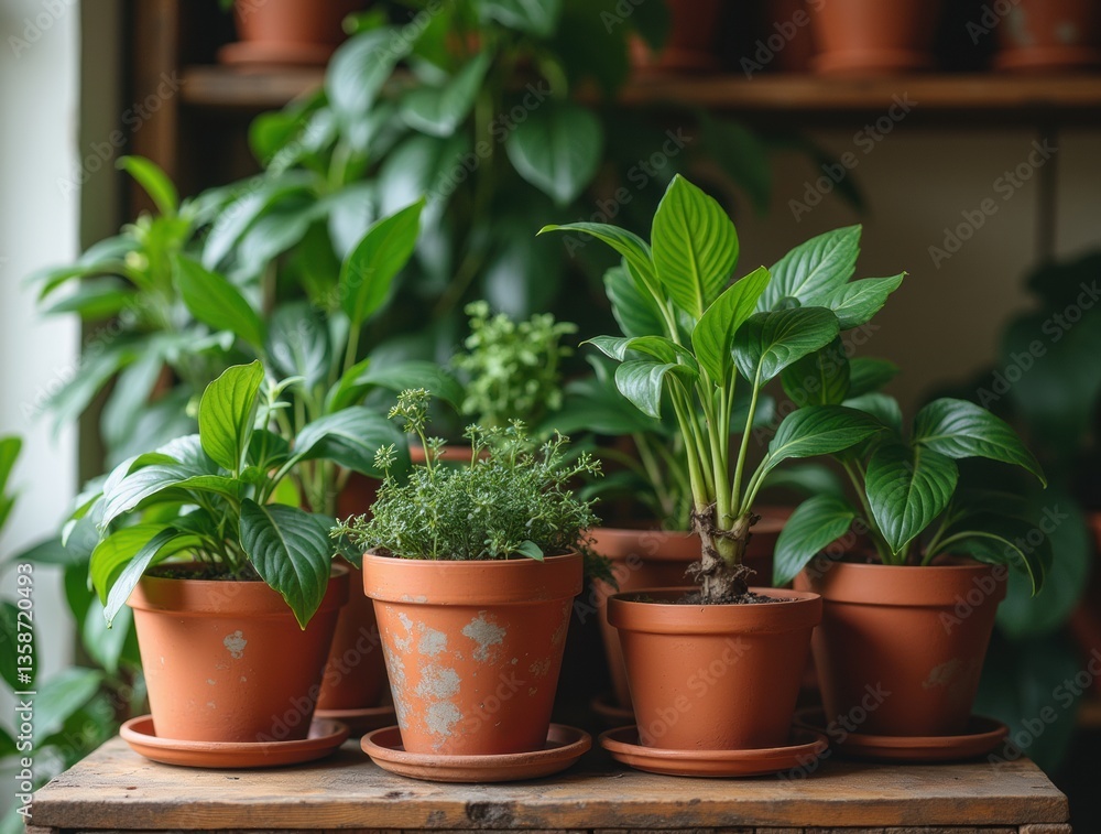 Fototapeta premium Cluster of potted plants with earthy greens on a wooden shelf, rustic style for a happy indoor vibe.