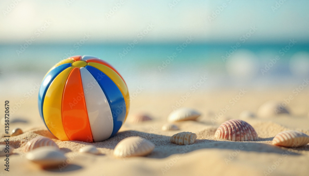 Obraz premium Colorful beach ball on sandy shore with seashells, summer fun
