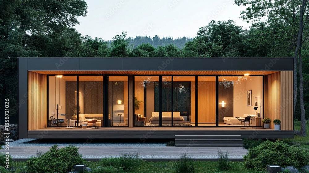 Fototapeta premium Modern prefabricated modular house sleek wood panel exterior large glass windows clean geometric lines isolated on white backdrop. 