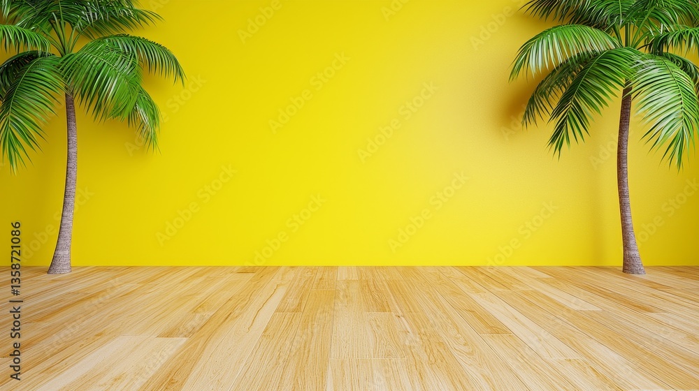 Bright Yellow Room with Palm Trees and Wooden Flooring Bright Yellow Room with Palm Trees and Wooden Flooring