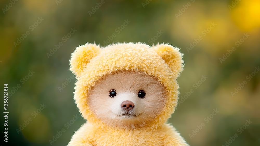 Fototapeta premium Adorable Teddy Bear Wearing Yellow Hood Smiling with Peaceful Expression in Nature