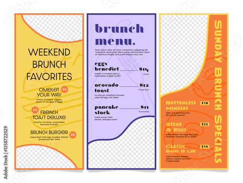 Brunch menu templates featuring weekend favorites and Sunday specials at your local cafe