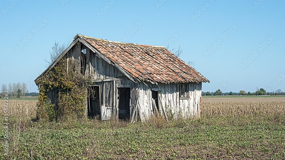 Obraz premium Neglected countryside home with leaning structure overgrown yard dull tones convey age and abandonment side angle. 