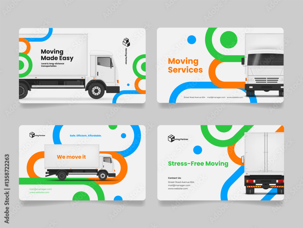 Naklejka premium Business card templates for professional movers with modern design elements for convenient placement of reference and contact information