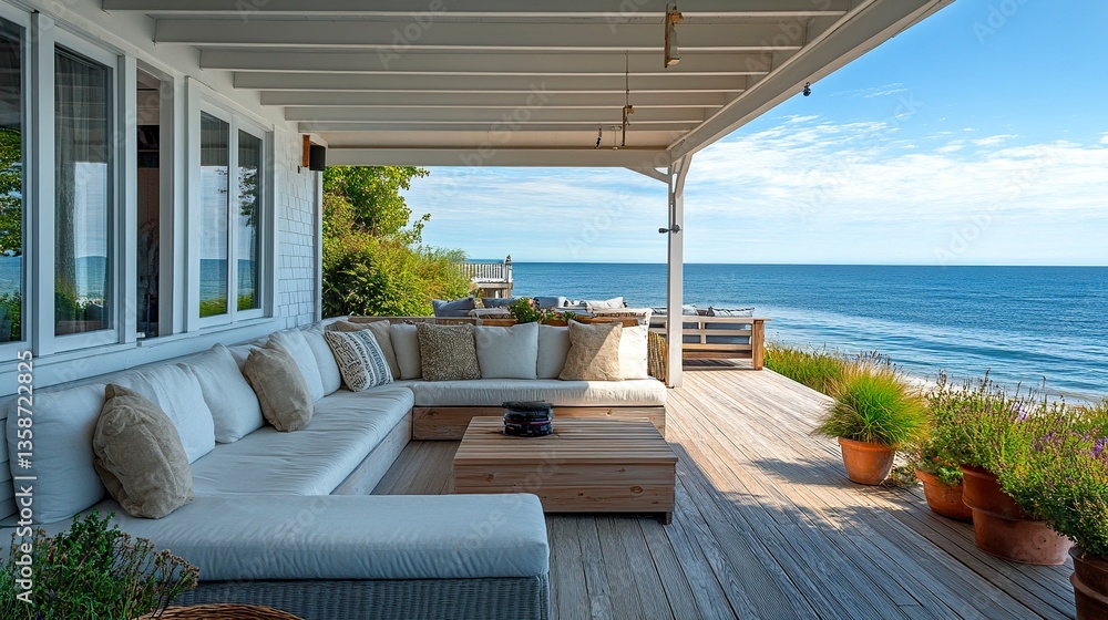Fototapeta premium Outdoor patio with natural wood deck white-painted roof luxury sofa pillows Cape Cod summer ambiance BBQ setup modern design.