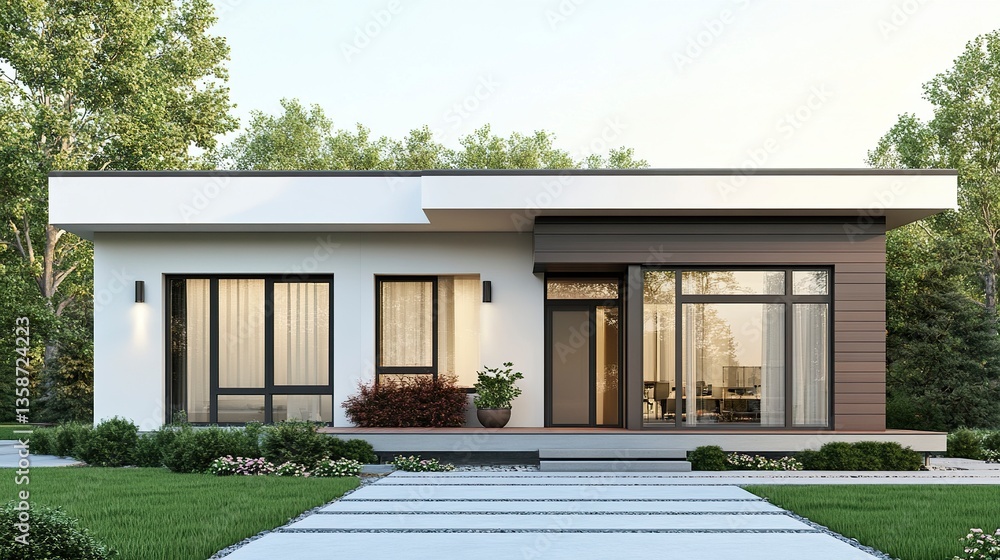 Rectangular house mockup with flat roof and smooth walls clean minimalist design sharp focus on a bright white isolated backdrop. Rectangular house mockup with flat roof and smooth walls clean minimalist design sharp focus on a bright white isolated backdrop.