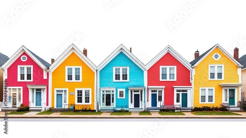 Row of small-town homes painted in vibrant colors symmetrical yet unique designs crisp and isolated on a white background.  