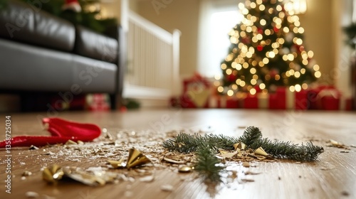 Broken Christmas ornament on the floor, with a decorated tree blurred behind it. Use to show the chaos or aftermath of the holidays and damaged goods.