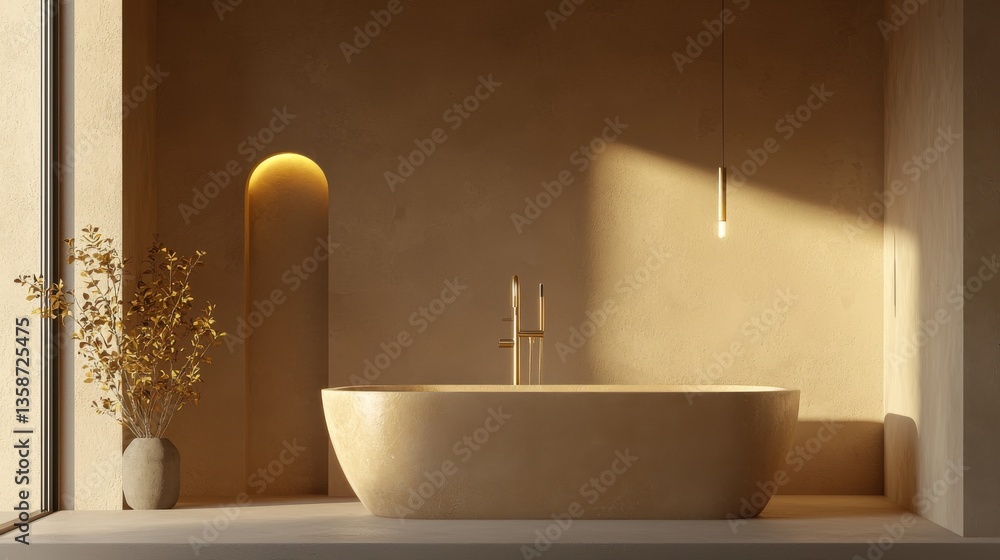 Fototapeta premium Serene and tranquil minimalist bathroom interior with freestanding bathtub modern vanity sink and neutral toned decor