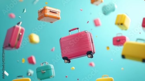 Colorful luggage floating on turquoise background: vibrant travel concept