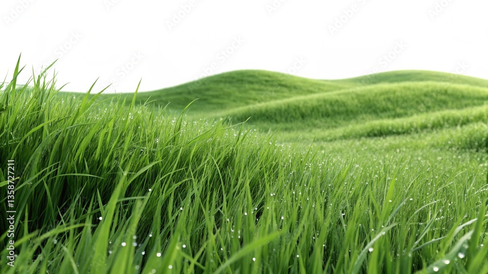 Fototapeta premium Green fresh hill grass field isolated on a white background. Spring design elements, 3D rendering
