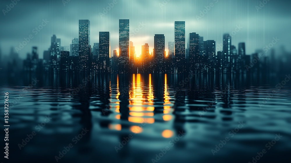 A Dark Cityscape Reflected Perfectly In A Body Of Water A Dark Cityscape Reflected Perfectly In A Body Of Water