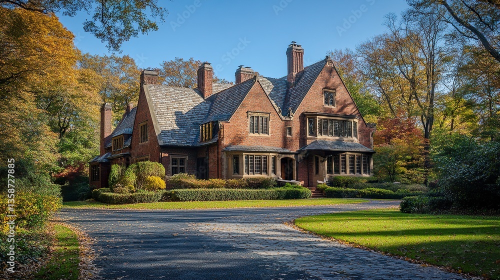 Spacious brick house with slate roof and expansive driveway warm sunlight enhances the rich tones surrounded by clear blue sky. Spacious brick house with slate roof and expansive driveway warm sunlight enhances the rich tones surrounded by clear blue sky.
